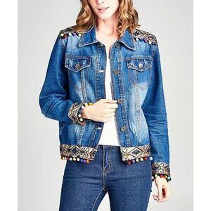 VELZERA Women's Multicolor Pom Pom Trim Blue Denim Jacket. Size Large.